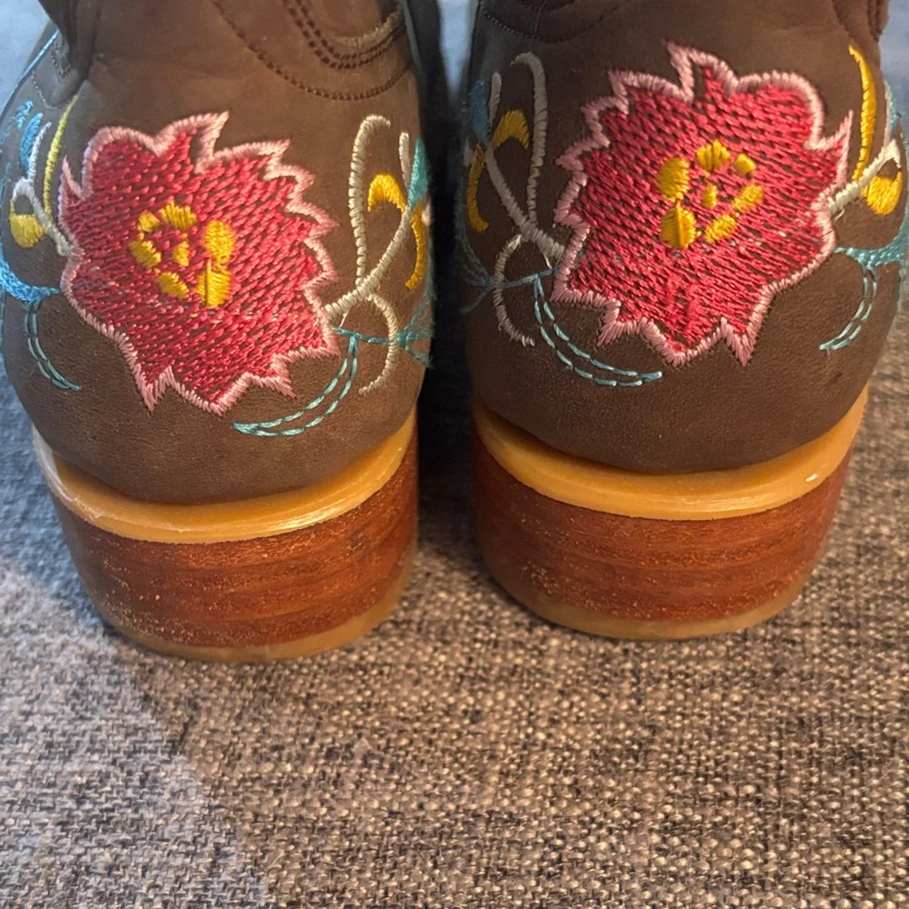 Red Kids Brown Embroidered Western Boots